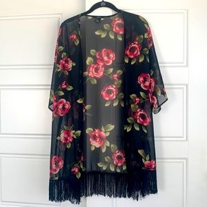 Forever21 Sheer Floral Kimono with Fringe size S